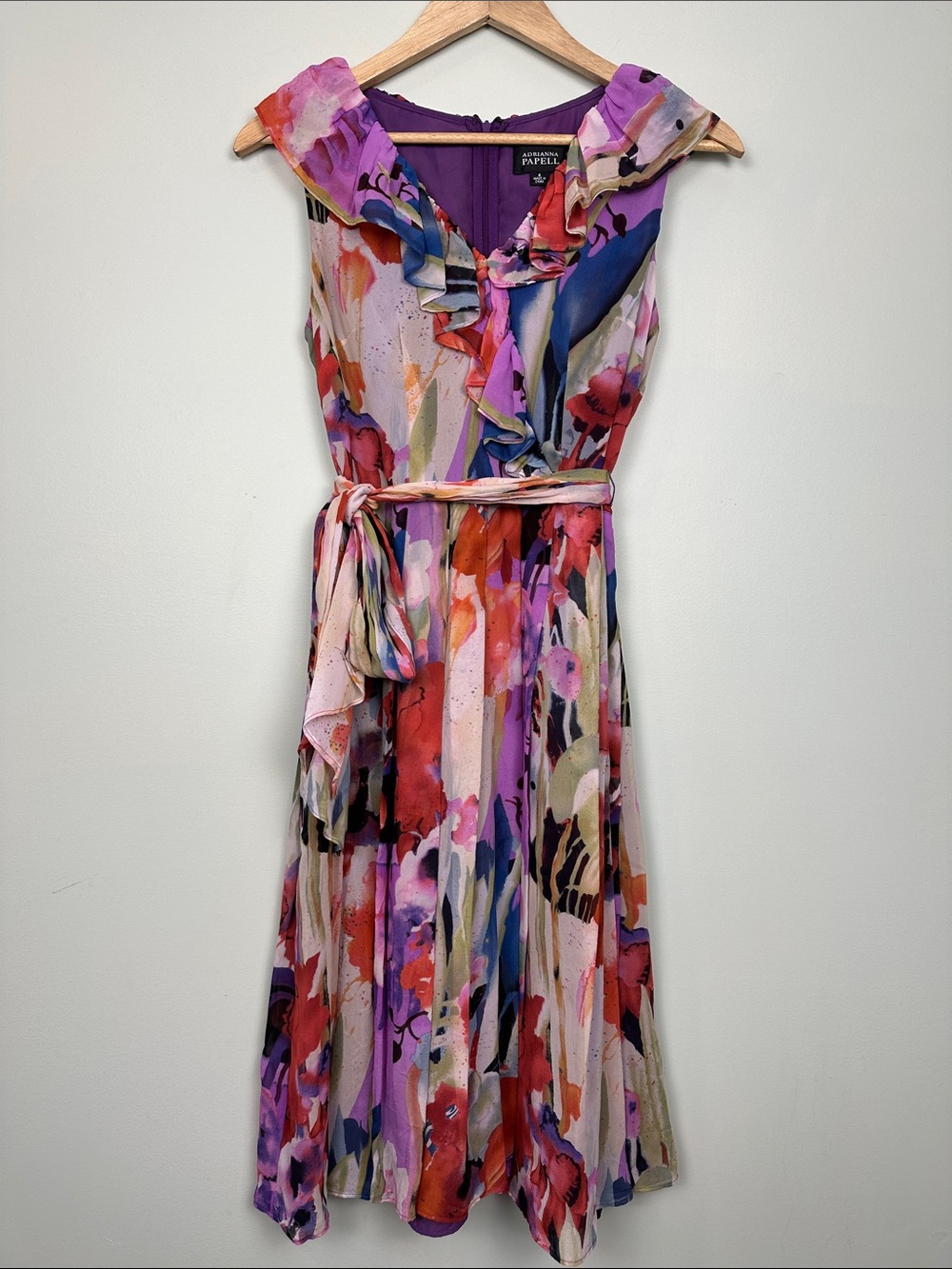 Adrianna Papell Silk Purple Multi Floral Ruffled faux Wrap Dress feminine dainty